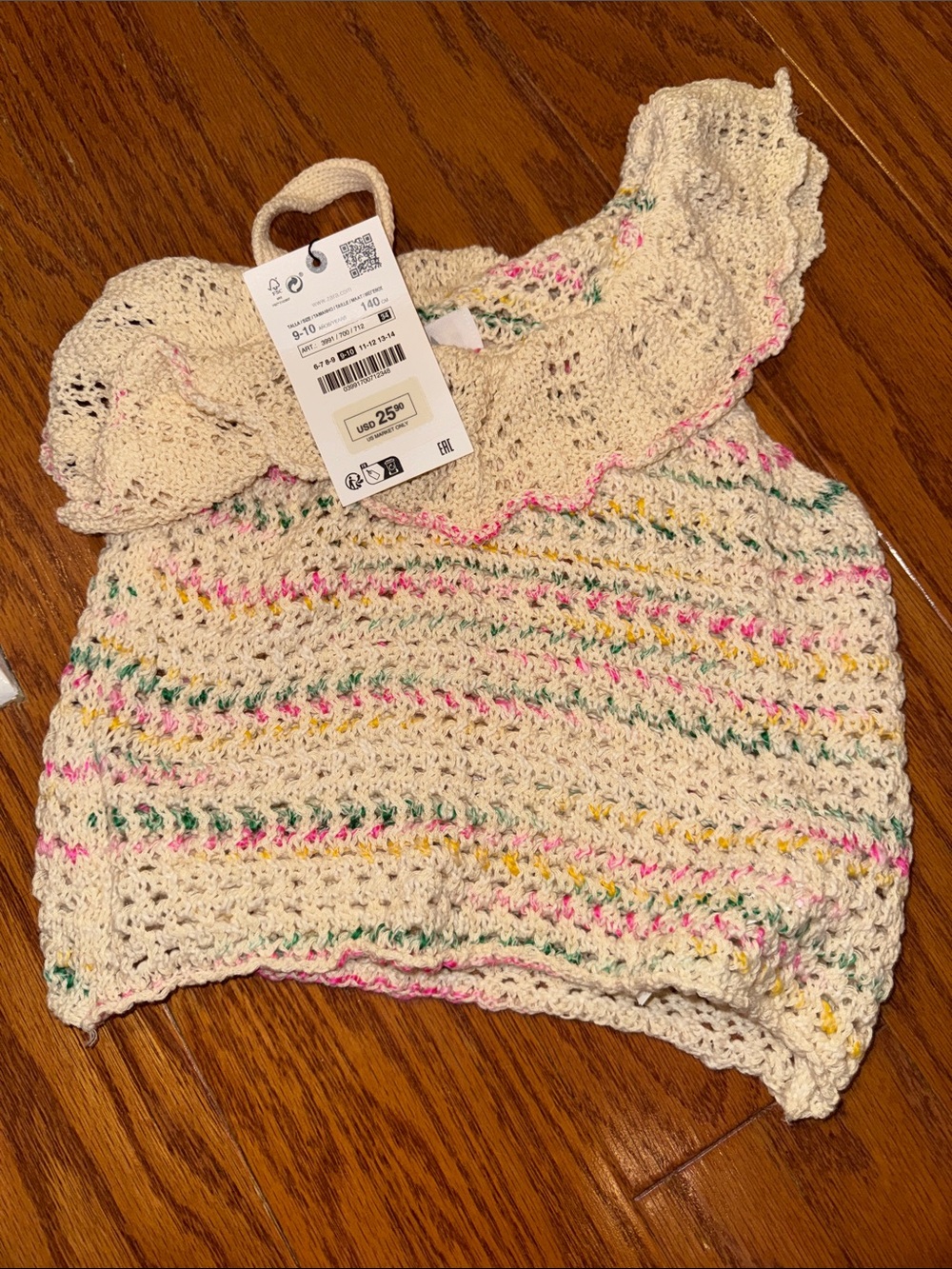 Girls Cream Crochet Knit Top with Pink, Yellow & Green Speckles